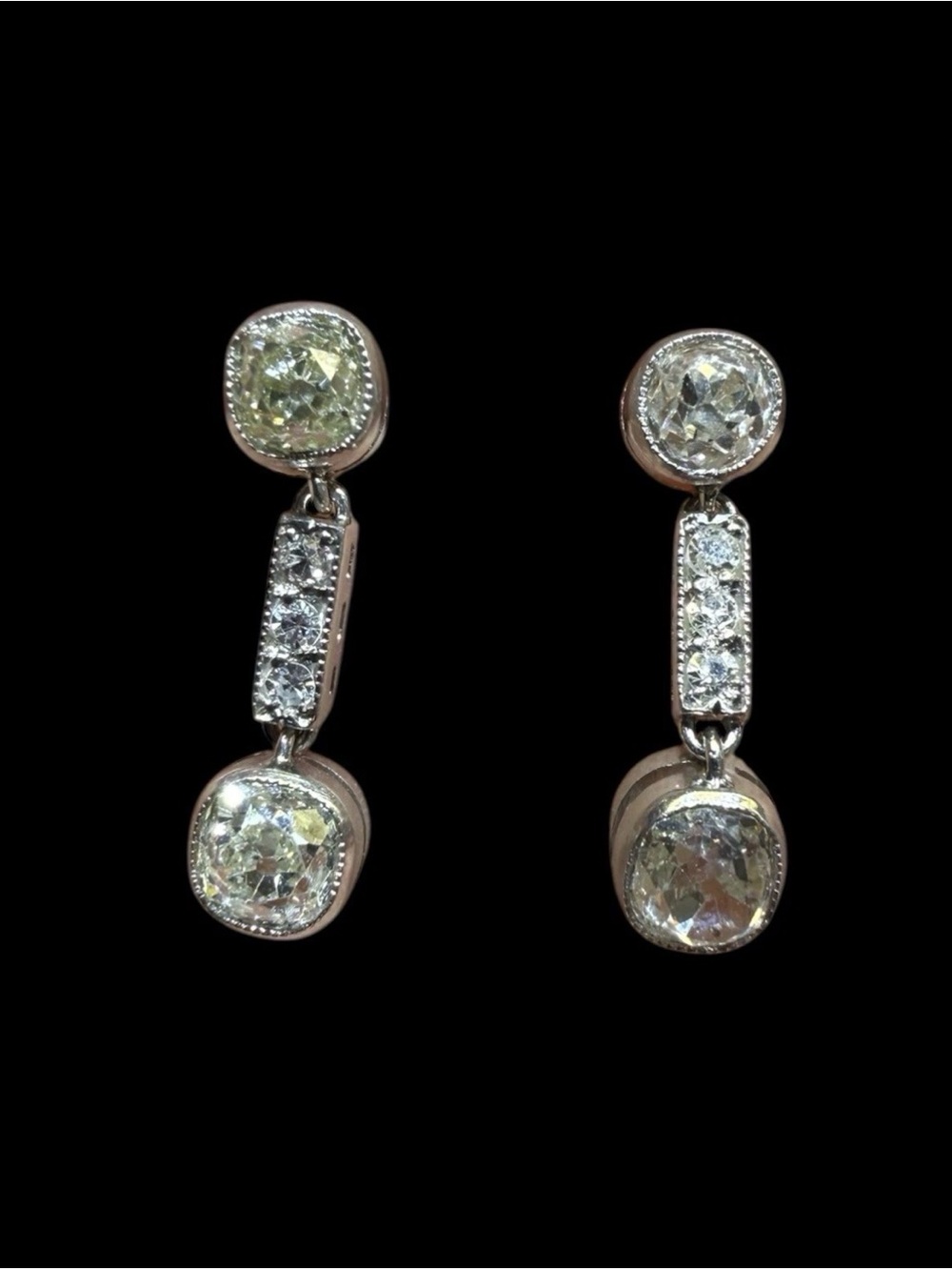 Antique old mine cut natural diamond dangle ladies earrings in platinum